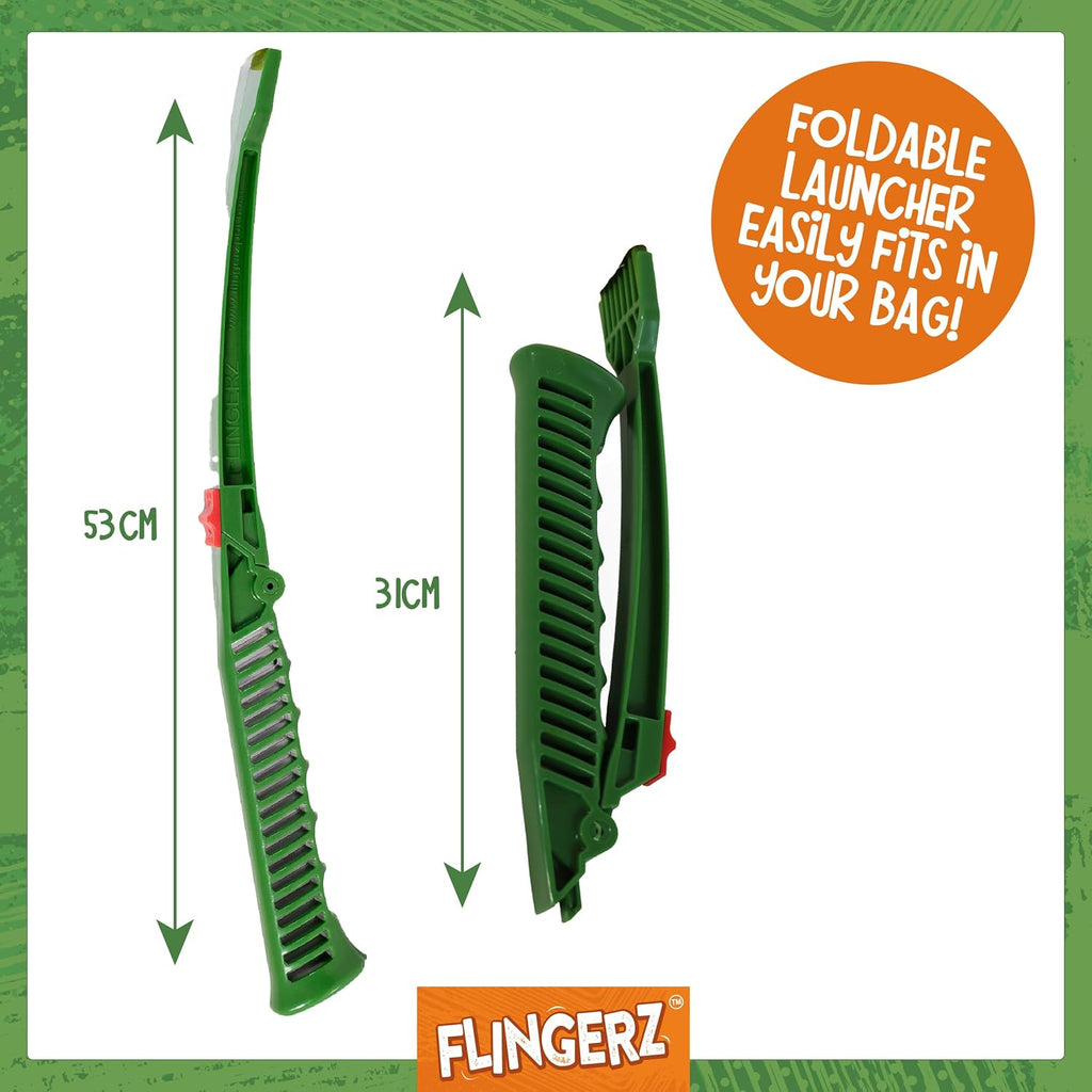 Foldable launcher with measurements and 'Flingerz' branding on a white background