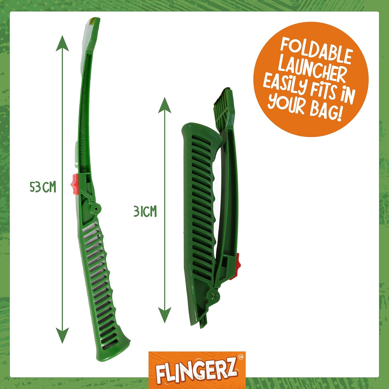 Foldable launcher with measurements and 'Flingerz' branding on a white background