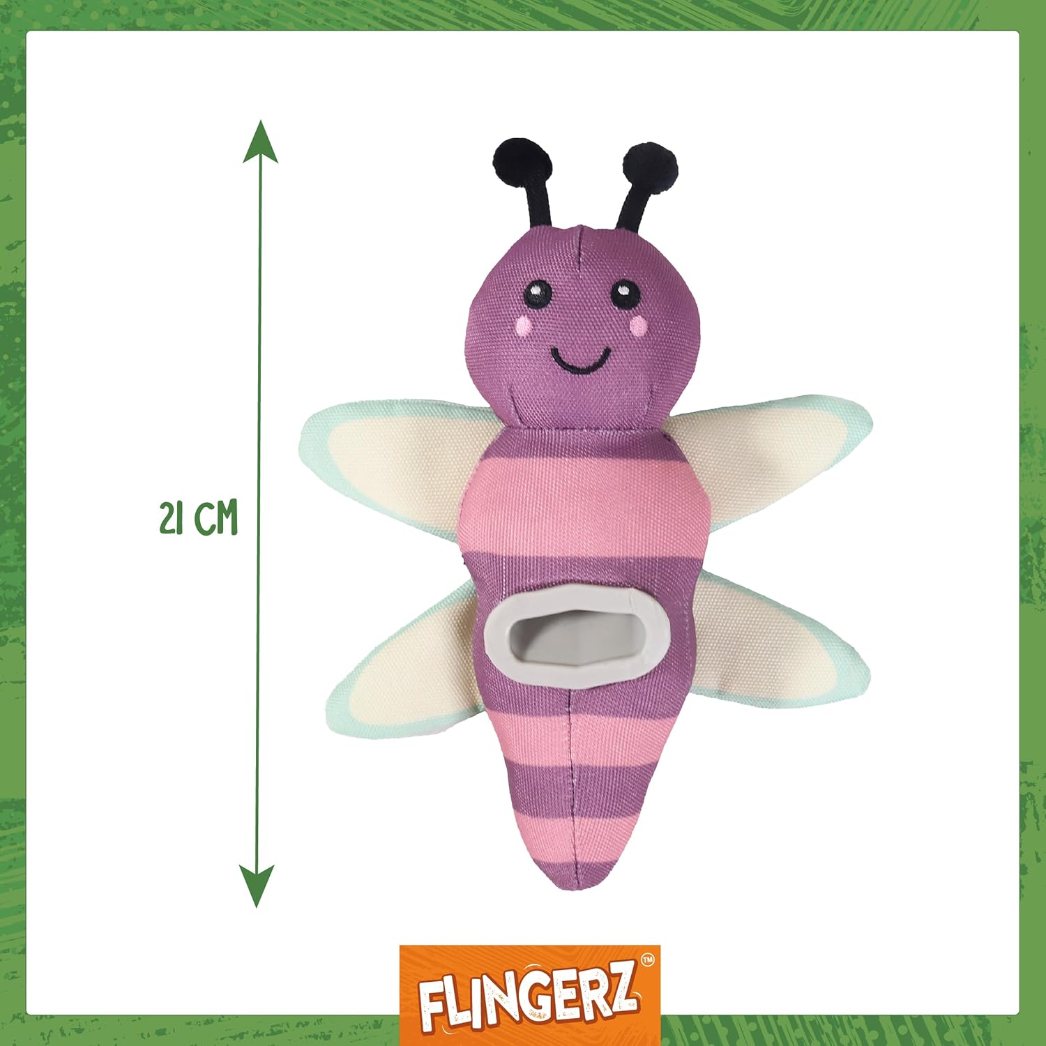 Purple and pink butterfly toy with dimensions and Flingerz branding on a white background
