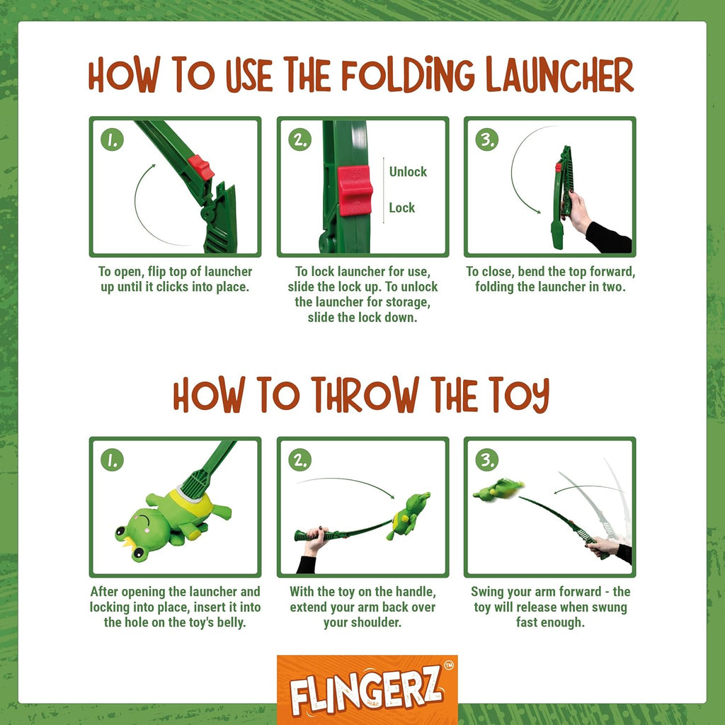 Instructions on how to use a folding launcher and throw a toy, branded as Flingerz.