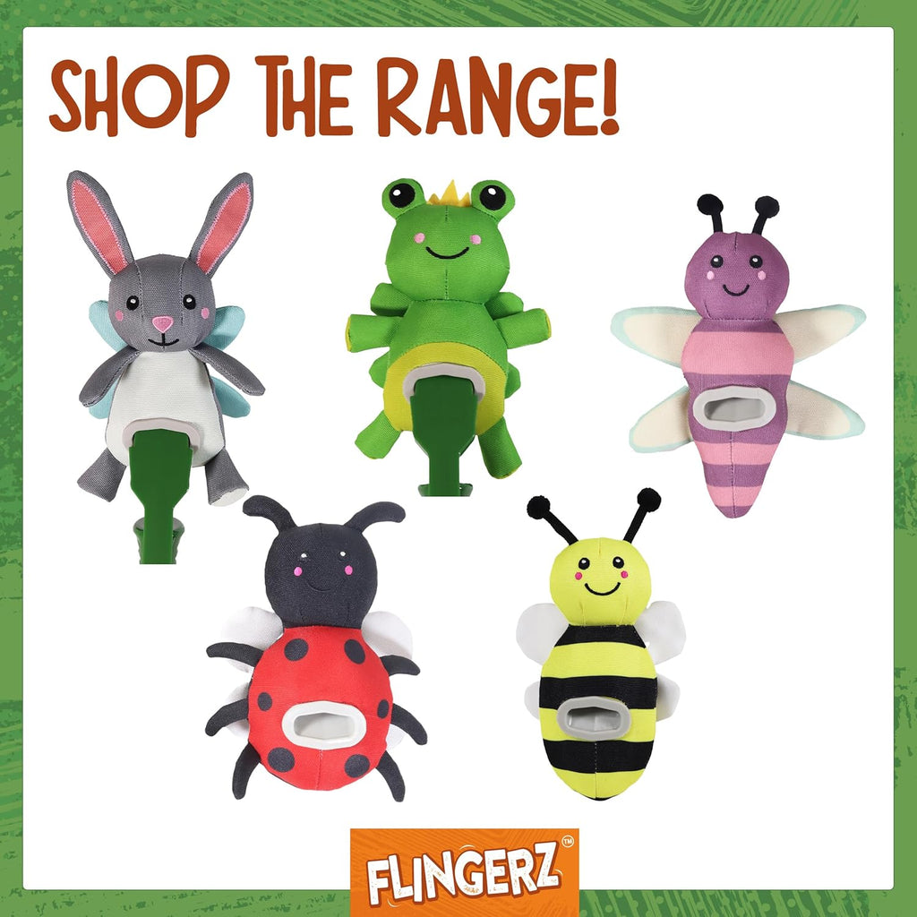Set of colorful plush toys shaped like a rabbit, frog, bee, ladybug, and caterpillar with 'Flingerz' branding.