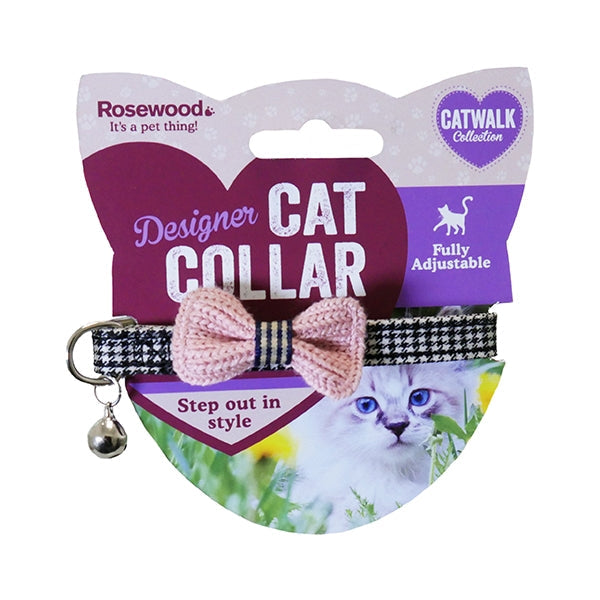RWC67_Rosewood_Cat Collar Designer Pink Bow Dogtooth