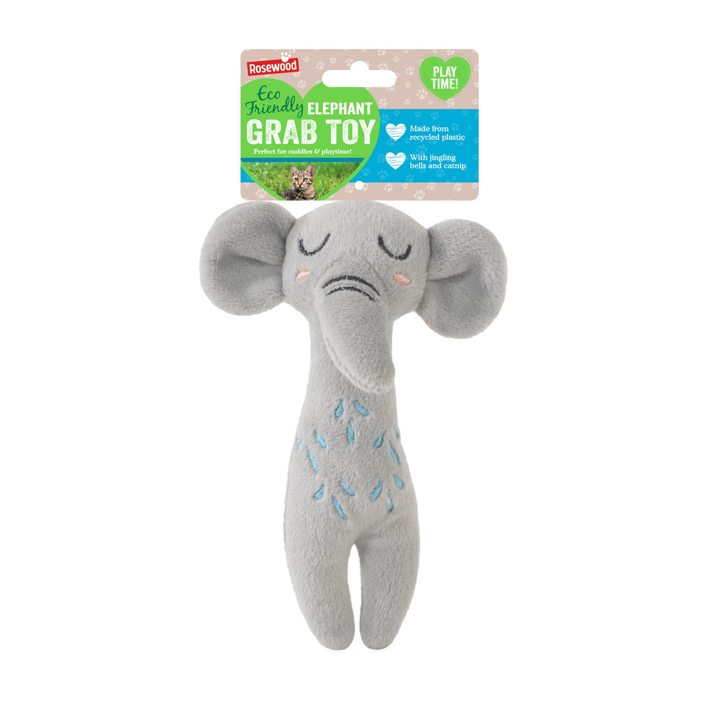 Gray elephant toy with packaging on a white background