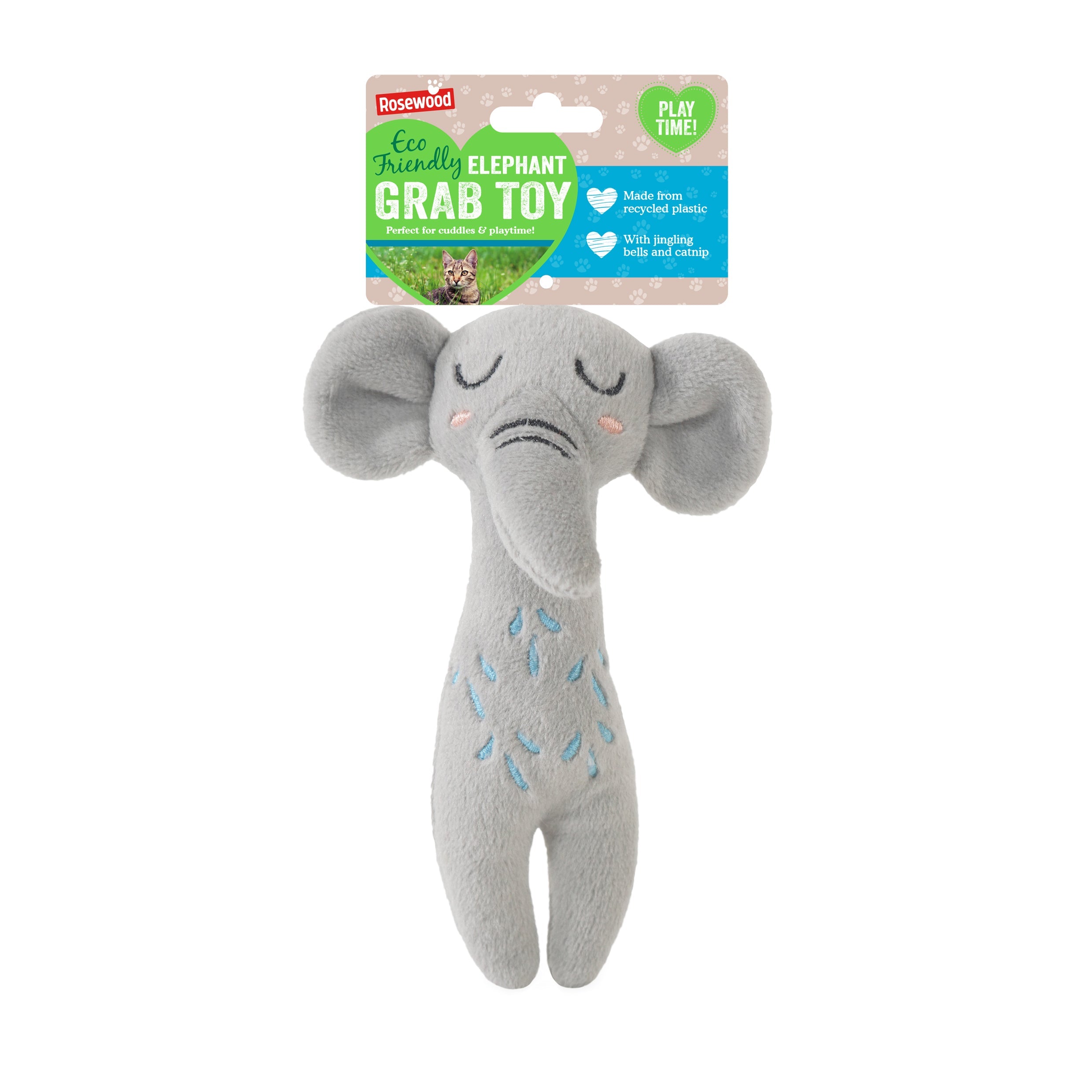 Gray elephant toy with packaging on a white background
