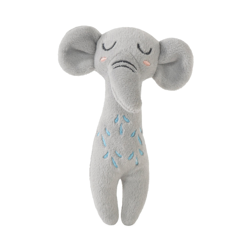 Gray plush elephant cat toy with embroidered details on a white background